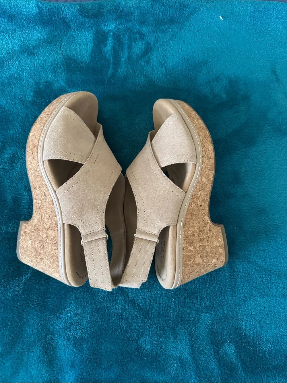 Clarks Beige Suede Cork Wedge Sandals, size 7